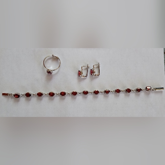 Sterling Silver Garnet Ring, Earrings And Tennis Bracelet Set - Picture 9 of 12